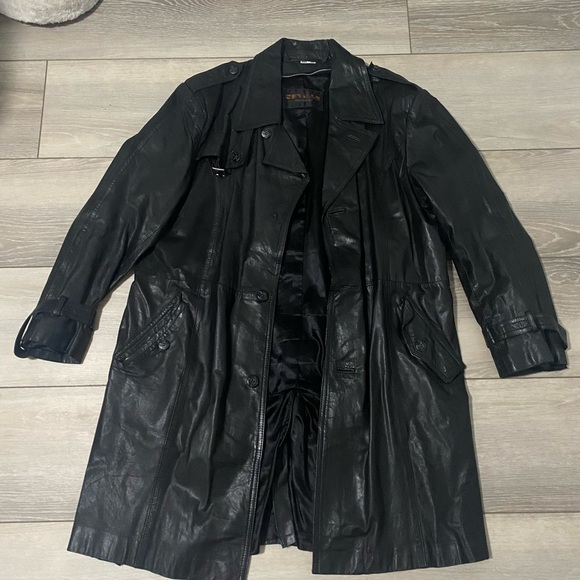 Seville Black Leather Trench Coat Size 44R - Picture 2 of 15